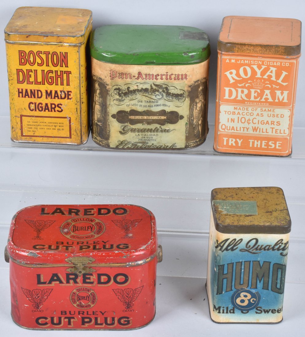 5- CIGAR & TOBACCO TINS: Laredo Cut Plug, Pan American Cigars, Humid Cigars, Royal Dream Cigars, Boston Delight Cigars. Very Good-Excellent