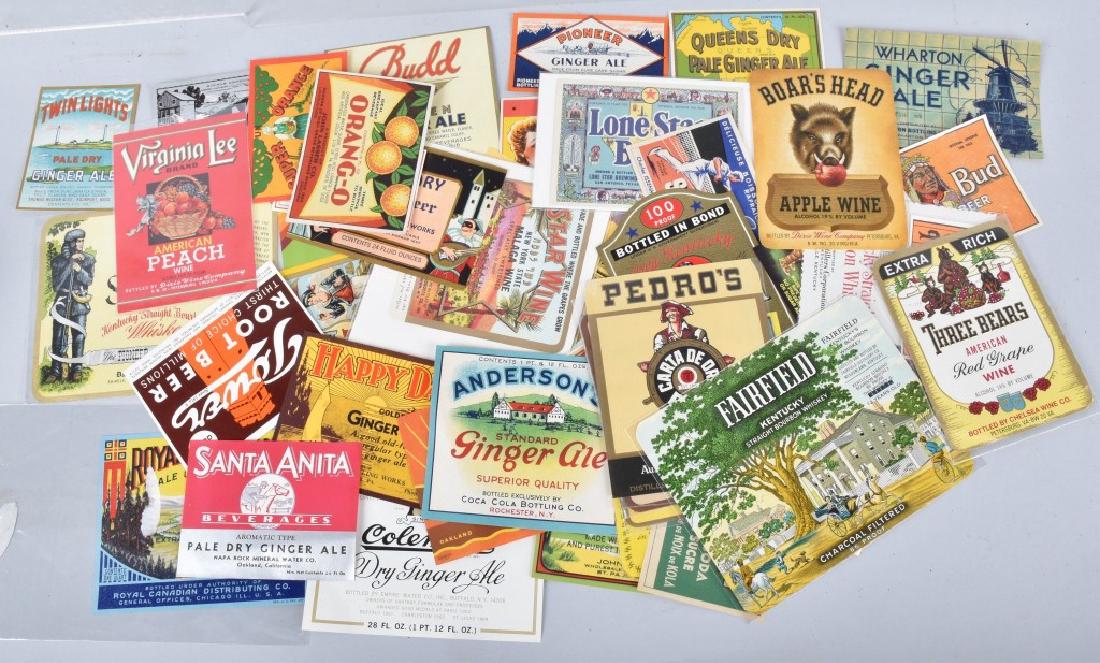 LARGE LOT of COLOR BEVERAGE LABELS, VINTAGE: Nice large grouping of beverage labels. There is Ginger Ale, Soda, Beer, Wine and more. Great grouping and graphics, Excellent