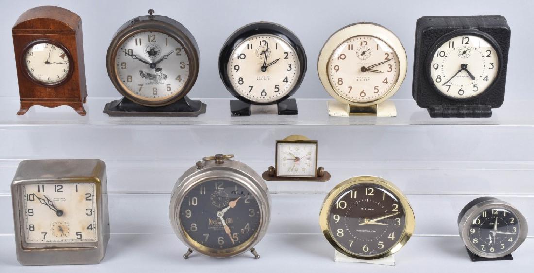 10-VINTAGE CLOCKS, WW2, ANSONIA, BIG BEN and MORE: Nice grouping, largest is about 5 1/2" by 5" and is a WW2 Waralarm made of a non metal material, also includes Bog Ben, Ansonia, National Call and more. Condition varies, Good-Excellent