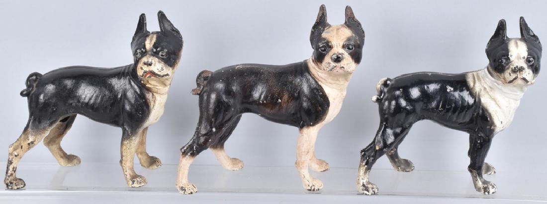 3-BOSTON TERRIER CAST IRON DOORSTOPS: Largest is about 10" by 10", all display nicely, some over wear and loss. Condition varies. Overall Very Good
