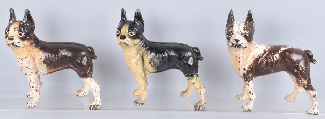 3-BOSTON TERRIER CAST IRON DOORSTOPS: Largest is about 10" by 10", all display nicely, some over wear and loss. Condition varies. Good-Very Good