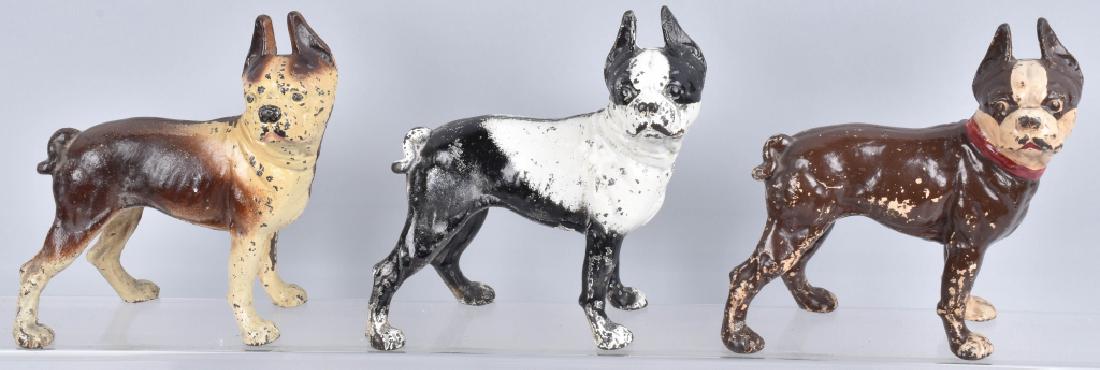 3-BOSTON TERRIER CAST IRON DOORSTOPS: Largest is about 10" by 10", all display nicely, some over wear and loss. Condition varies. Good-Very Good