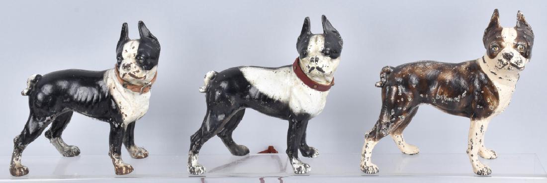 3-BOSTON TERRIER CAST IRON DOORSTOPS: Largets is about 10" by 10 1/2", all have original paint ith some wear and loss. Very Good