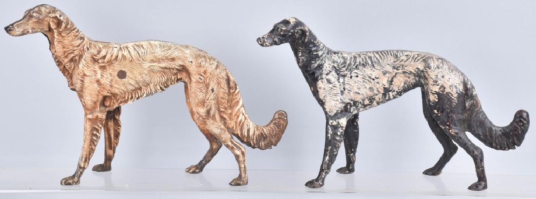 2-HUBLEY LARGE RUSSIAN WOLF HOUNDS DOORSTOPS: 15" by 9 1/2", nice castings, both have paint wear and one has some over paint. Good-Very Good