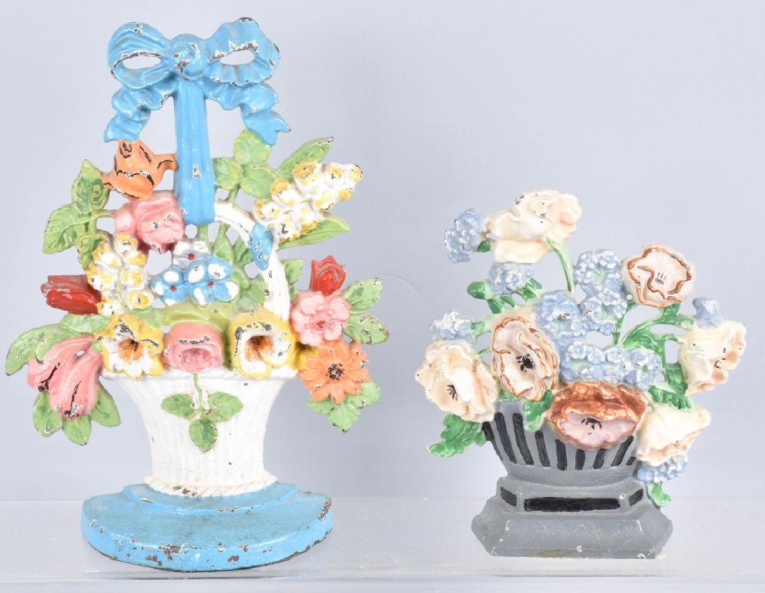 2-HUBLEY CAST IRON BASKET of FLOWERS DOORSTOPS: Largest is 10 1/2", nice colors, and molded details. Light wear. Excellent