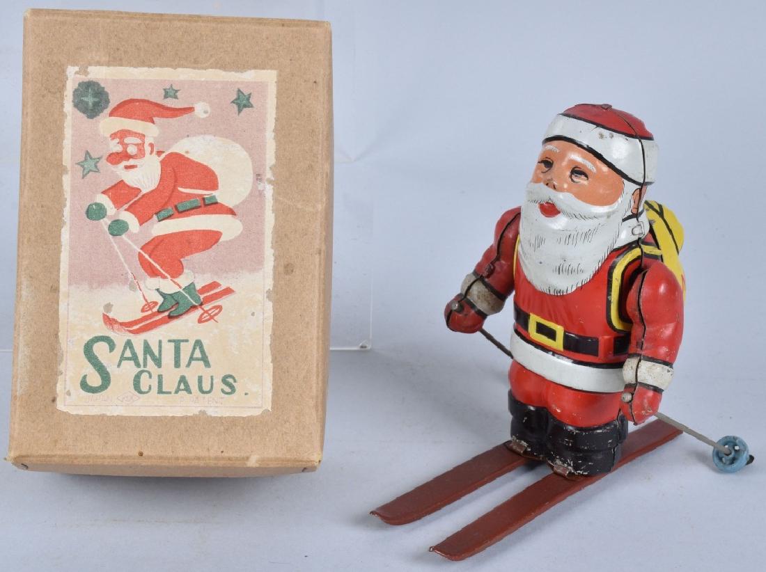 JAPAN Tin Windup SANTA CLAUS ON SKIES w/ BOX (1 of 10)