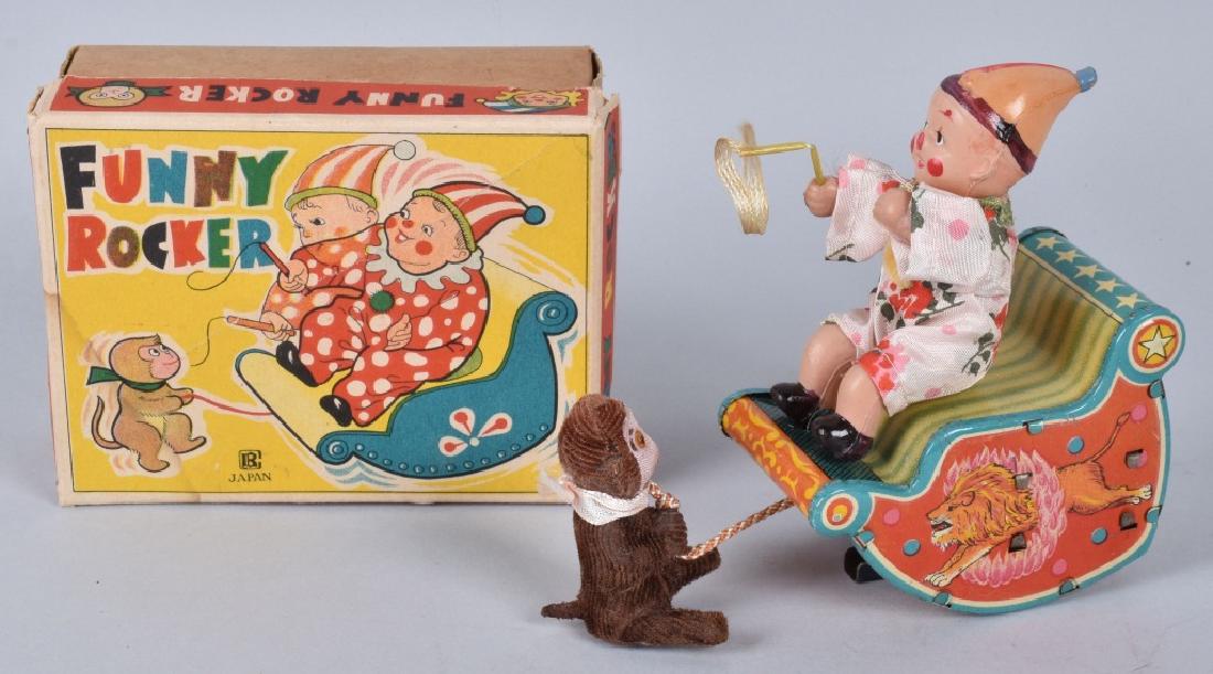JAPAN Windup FUNNY ROCKER w/ BOX: Excellent tin and celluloid windup Clown & Monkey Rocker. Works. With Box. 5 1/2" Excellent