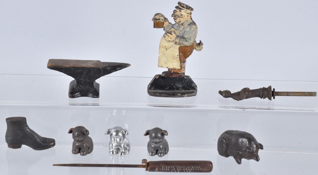 CAST IRON PAPERWEIGHTS,OPENER and MORE: Nice lot with several advertising paperweights, a cast iron bartender bottle opener and more. Condition varies. Most Very Good