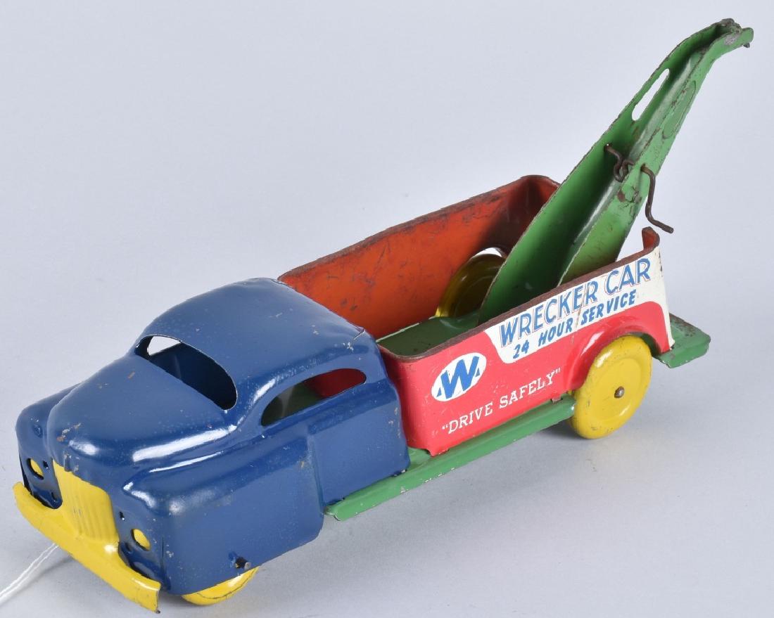 WYANDOTTE WRECKER CAR, TOW TRUCK: 14" long, blue and red, general wear, nice colors. Very Good