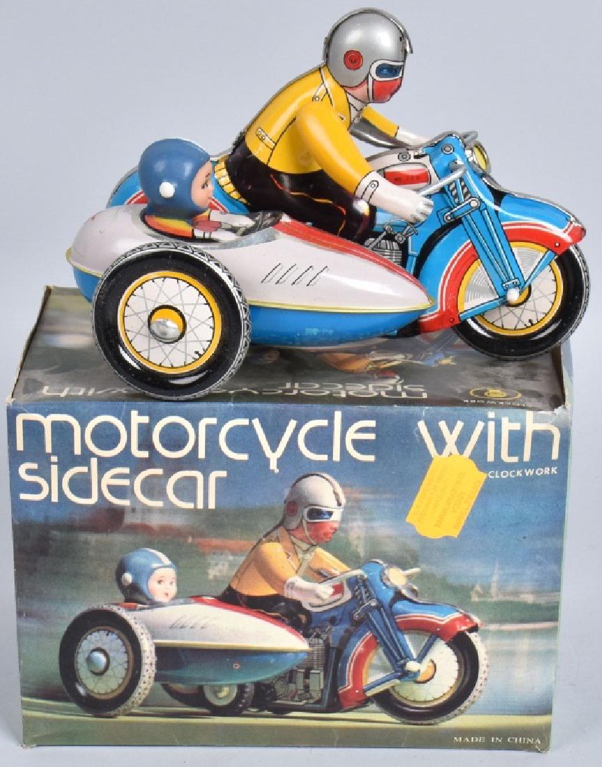 RED CHINA Tin Windup MOTORCYCLE w/ SIDECAR TOY (1 of 5)