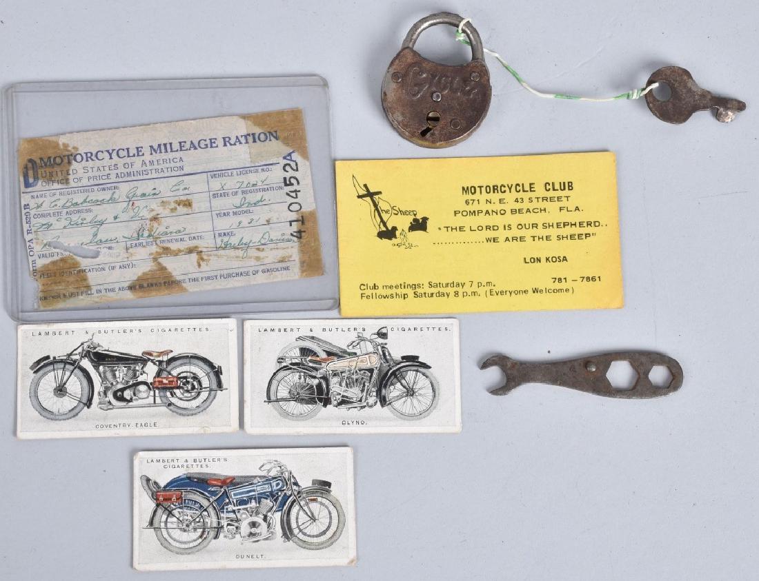 CYCLE LOCK, MILEAGE RACTIONS, CARDS, & MORE: Includes original Cycle Lock with Key, 1931 Harley Davidson Motorcycle Mileage Ration Cards, 3 Motorcycle Cigarette Cards, Motorcycle Club Business Card, and Tool