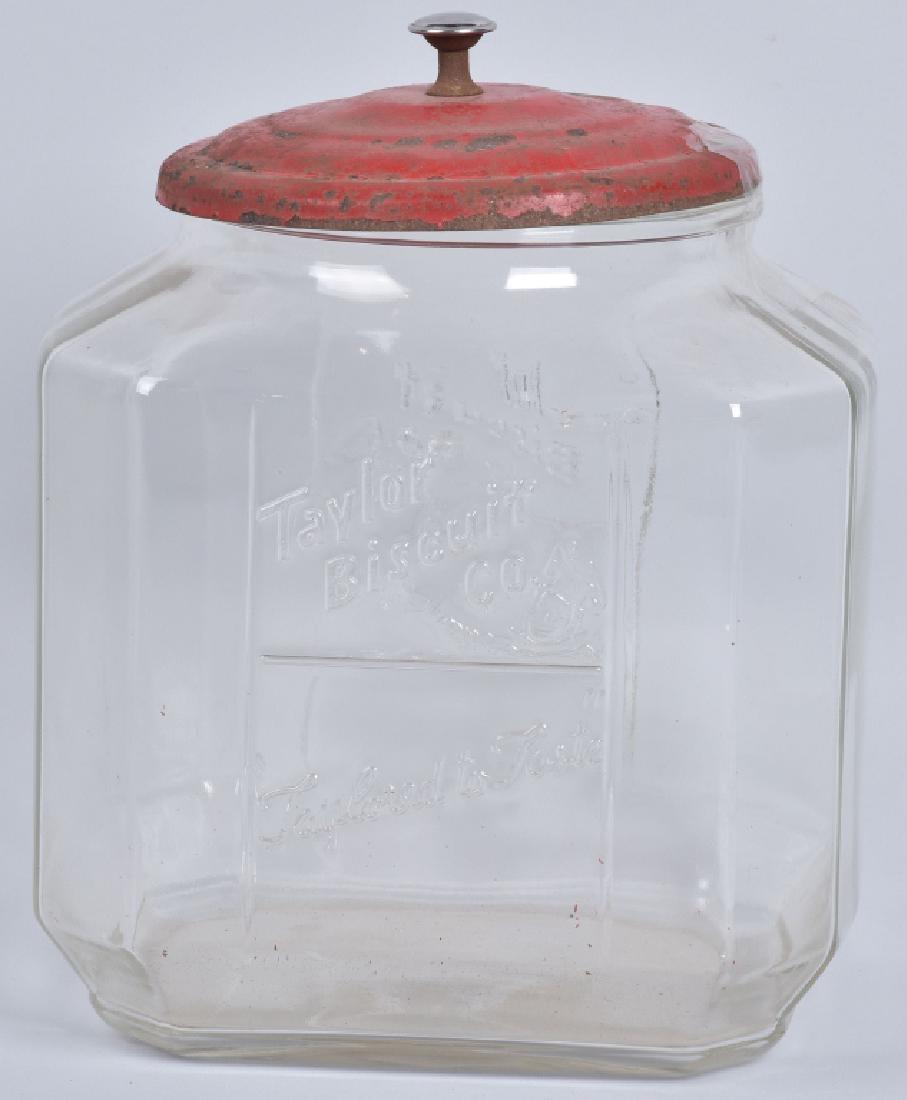 TAYLOR BISCUIT CO. GLASS STORE JAR: Nice original Biscuit glass Store Jar with top. 12" Excellent
