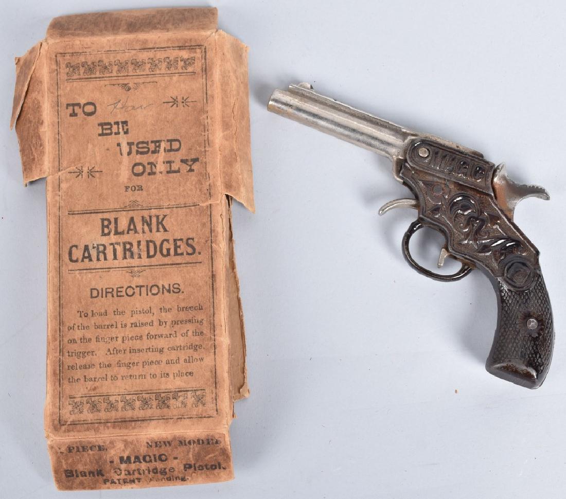 MAGIC CAST IRON BLANK PISTOL w/ BOX: Antique Magic cast iron Blank Pistol with Box. Great ornate casting. With Box. 7" Excellent