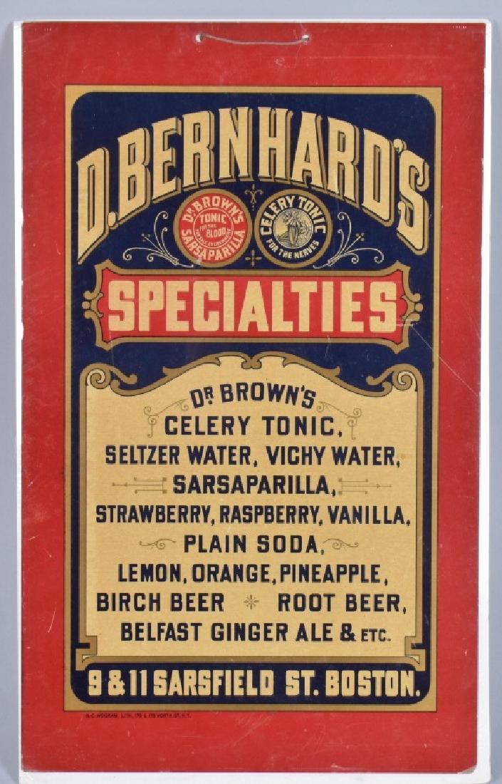 D BERNHARDS SPECIALTIES TONIC ADVERTISING SIGN: Early advertising Sign for Dr Browns Tonics. All original with great colors. 21"x13" Excellent