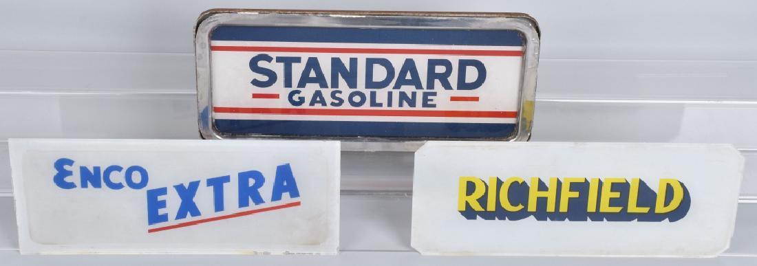 3- ORIGINAL GLASS GAS PUMP INSERT SIGNS: Includes Enco Extra, Richfield, and Standard Gasoline. Largest measures 14" Excellent