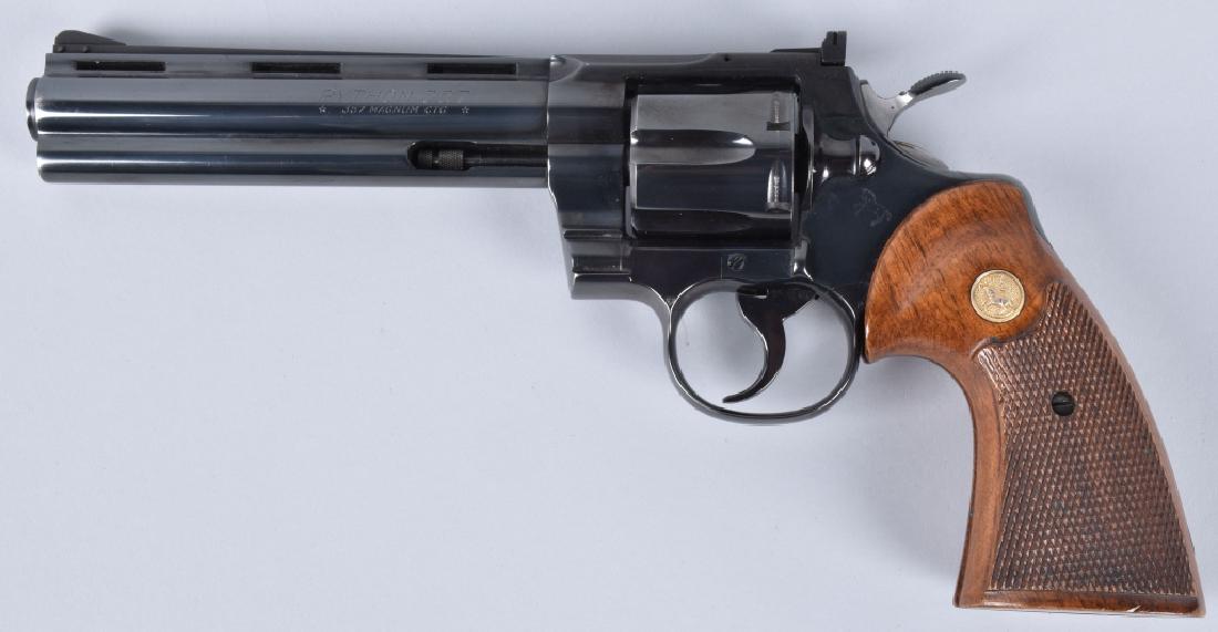 COLT PYTHON .357, REVOLVER 1969: SN 91248, 6" barrel with excellent bore, tight action, nice blue finish with checkered wood grips. Excellent*