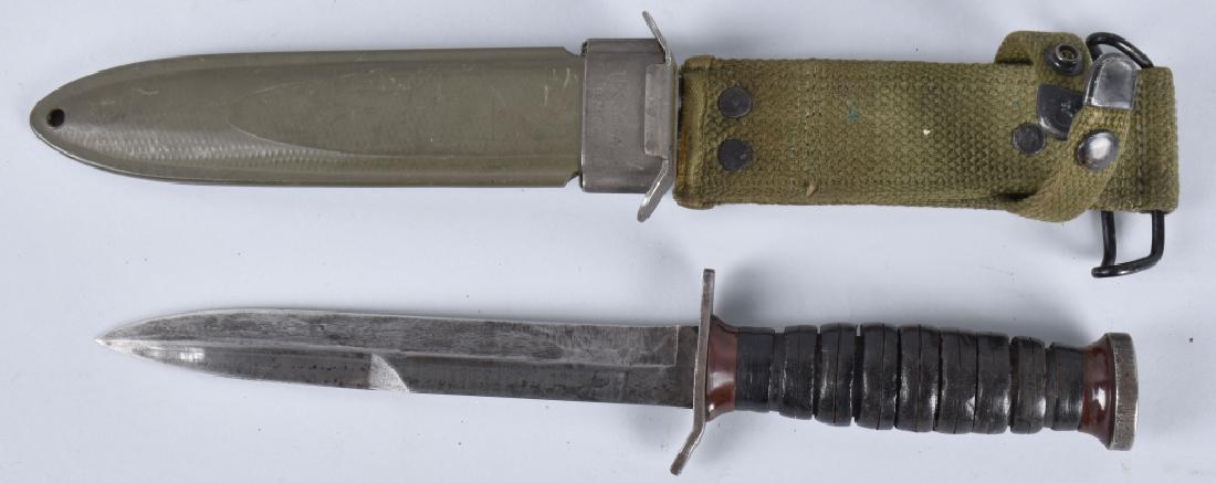 WW2 USM3 IMPERIAL FIGHTING KNIFE & SHEATH: 113/8", nice overall condition with good markings. Some old sharpening marks on blade. Very Good