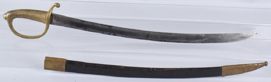 19th CENTURY SWORD and SCABBARD: 30" overall with a 24 1/4" blade that is 1 1/4". Cast brass hilt, blade has stopped fuller and is unmarked. Leather scabbard is sound and has brass hardware. Displays well. Very Good
