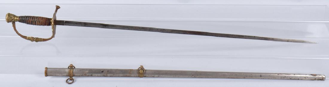M1860 GAR SWORD, ETCHED BLADE, J.A. JOEL, NY: 35" overall with 29 1/2" blade that is wonderfully etched. Nice cast brass hilt with leather grip and twisted brass wire. Plated case has wear and is missing drag. General wear. Displays well. Very Go