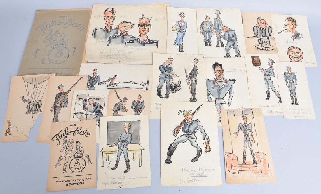 1939 GERMAN NAZI "DER FLAKS-BOTE" ARTWORK & MORE: 8" by 11" paperback booklet titled, ‘Der Flak-Bote Kriegsweihnachtszeitung 1939 3. Batterie’. The 20 page booklet contains various cartoons and articles. The grouping comes with 17 hand drawn cart