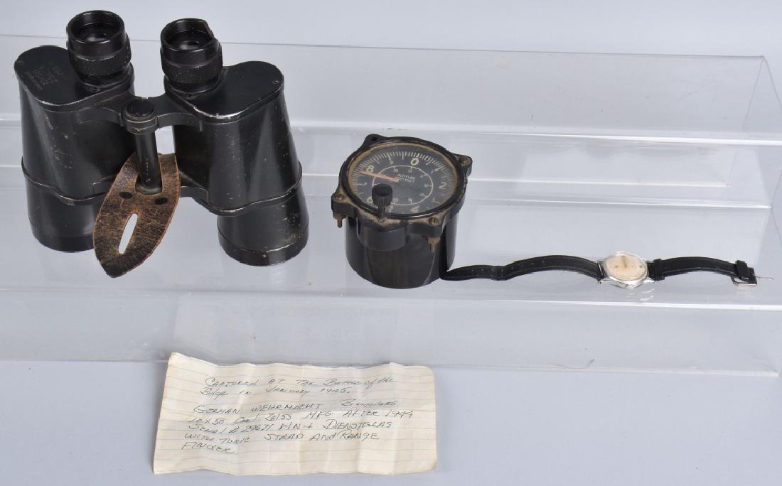 WW2 GERMAN BINNOCULARS, BATTLE OF BULGE and MORE: Binoculars are marked Dienstglas 10X50 29671, and included is a paper stating Captured at the Battle of the Bulge in January 1945. Also included is a working Lord Elgin watch marked US Army type A1 on