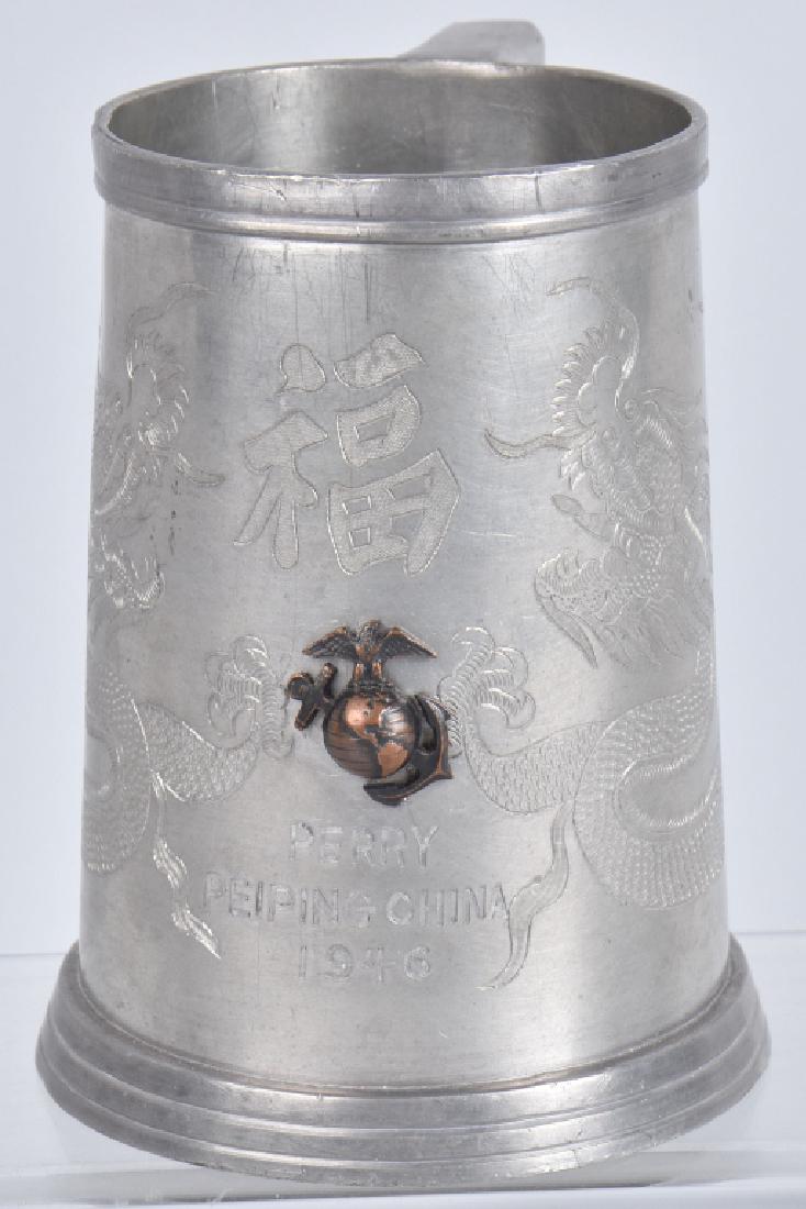 USMC CHINESE TANKARD, PERRY-PEIPING CHINA 1946: Tankard features applied Marine EGA surrounded by engraved dragons and Chinese characters. Commemorates China Marine service in 1946. Excellent