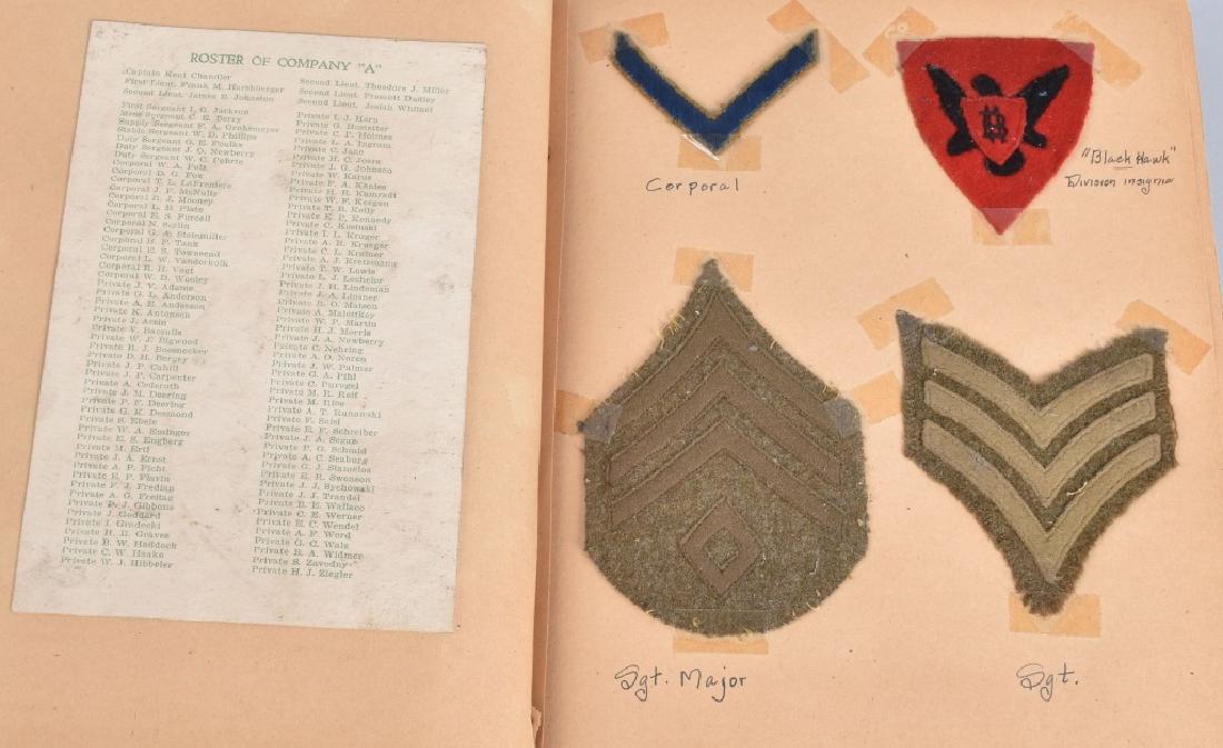 WW1 333rd MACHINE GUN BATTALION ID'd SCRAP BOOK: 86th Division scrap book of Clarence W. Haake of Chicago, Illinois. Includes Haake's theater made 3 piece 86th division Black Hawk patch and chevrons. Also included is yard long photo of the 333rd, ro