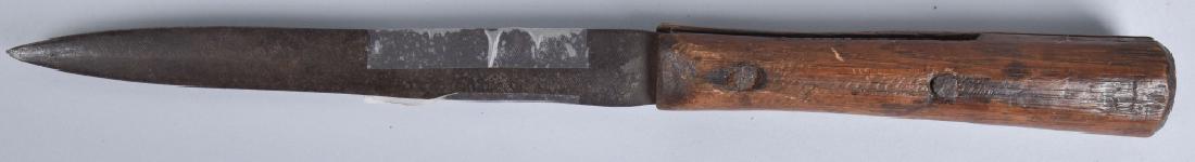18th CENTURY INDIAN LANCE CUT DOWN TO KNIFE: 14 1/2" overall with 8" blade. Labeled Original Indian Lance cut down in the Colonial Era. Very Good