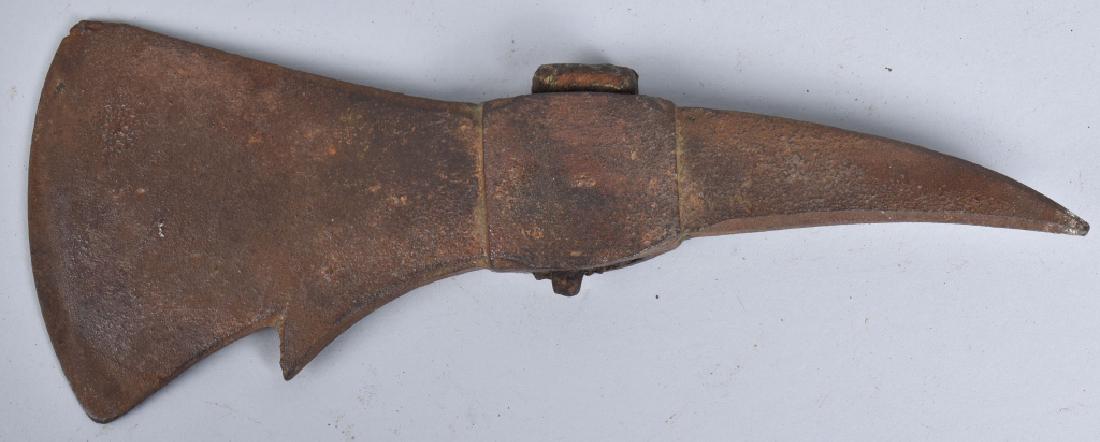 1700-1800 SPIKED NAVAL AXE: Unusual shaped head measuring 9 1/2" by 1 1/2" with a 3 3/4" cutting edge. Has evidence of old gold paint, and part of handle in head. Very Good