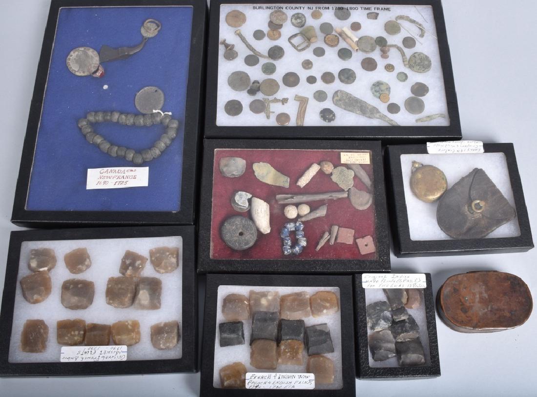 MUSKET FLINTS, TINDER STRIKER, BUTTONS & MORE: Nice lot with numerous gun flints, tinder striker set, dug buttons. 19th century compass and artifacts. Recovered in New York, New Jersey, and Pennsylvania. Good-Very Good