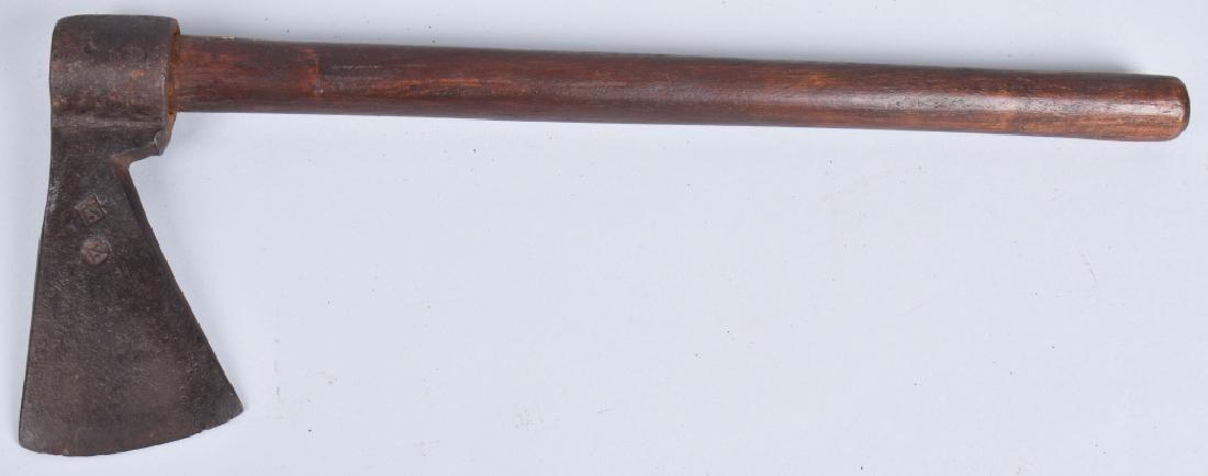1700-1800 ROUND POLL TRADE AXE SIGNED: Similar examples can been seen in Neumann's book as well as Holthem's Indian Trade Relics book. Head measures 6 5/8" by 1 3/4", with a 3 1/4" cutting edge, Handle is 17 3/4". Axe head has 2 deep maker