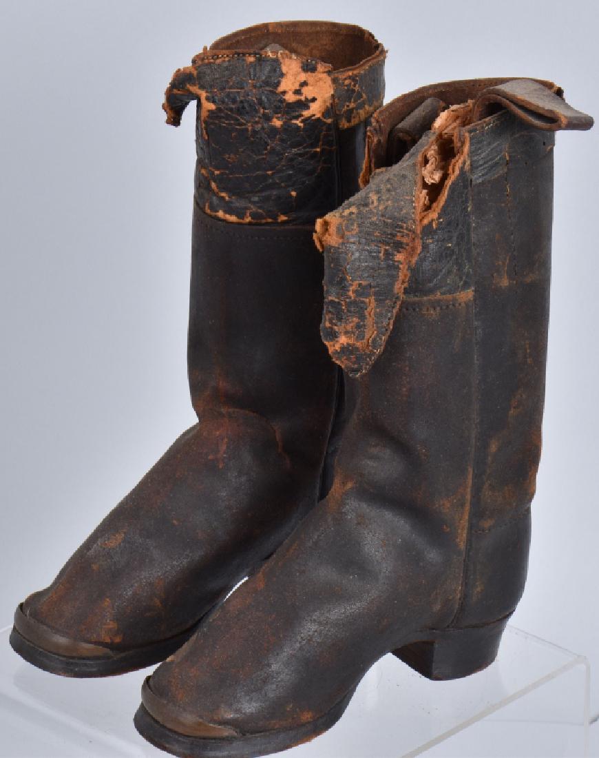 CIVIL WAR ERA CHILDS MILITARY BOOTS: Size VIII, 6 1/2" by 8 3/4" high, made just like the full size military boots, with leather pulls, and brass toe shield, soles are square nail construction, general wear, Display great. Good