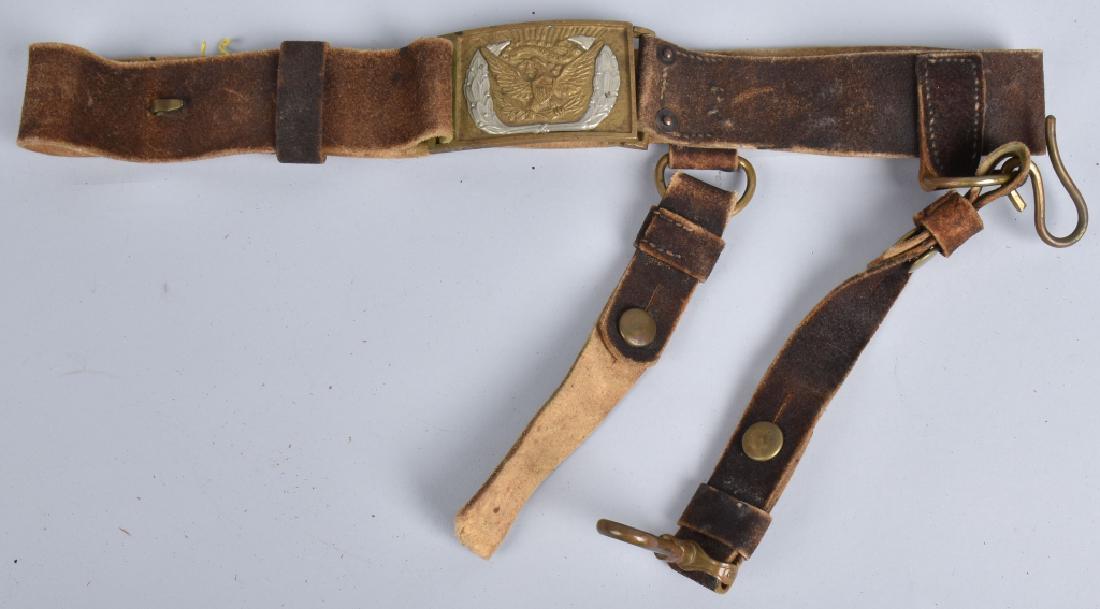 1851 CIVIL WAR BUFF SWORD BELT RIG, ID'd 7TH KENT: Very nice buff sword belt with m1851 belt plate with 3 piece silver wreath. Belt is ID'd on inside to Everett Allen. He enlisted on 9-13-1862 at Bourbon Co. KY in 7th KY cavalry Co. E, and also served