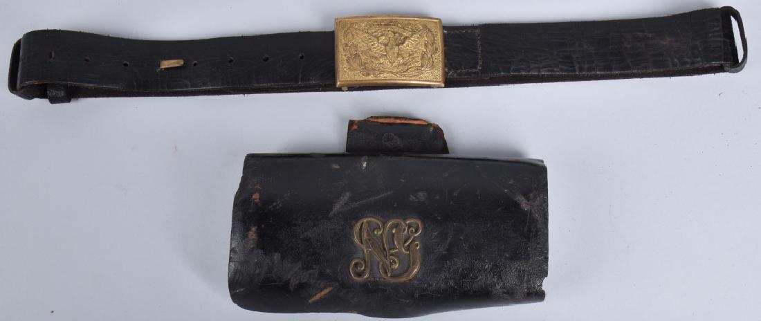 INDIAN WARS BELT, BUCKLE and CARTRIDGE BOX: m1851 buckle and belt made in the 1870's along with McKenney cartridge box with National guard buckle. Very Good
