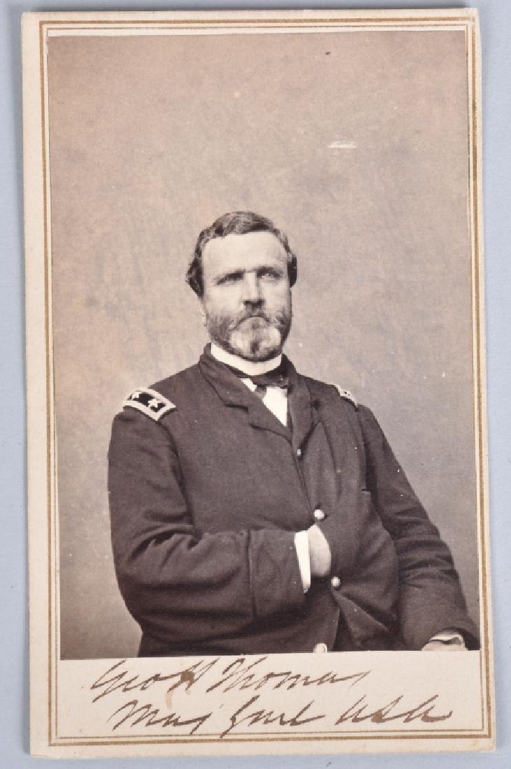 CIVIL WAR CDV GEN. GEORGE H. THOMAS, SIGNED: Very nice CDV of General George Henry Thomas, " The Hero of Chickamauga". Ink autographed beneath portrait with rank. The back mark is Morse's Gallery of the Cumberland, Nashville, Tenn. Light wear. E