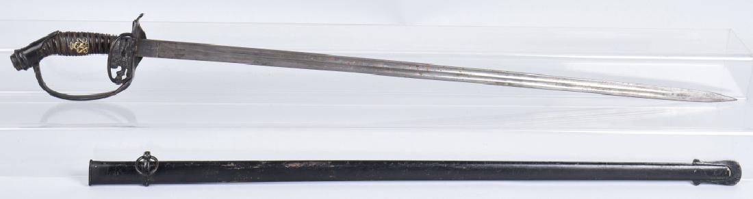 1889 WW1 PRUSSIAN INFANTRY OFFICER'S SWORD: 36" overall with 30 1/2" double fullered blade. Tight iron hilt with folding guard, good grip with twisted wire. General wear, may clean to a higher grade. Very Good