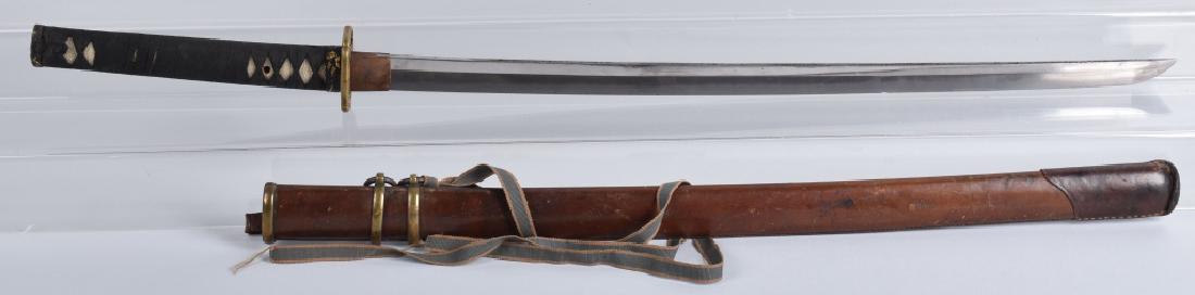 JAPANESE KATANA SWORD, SIGNED TANG, with SAYA: 32 3/4" blade with 25 1/4" cutting edge. Signed two hole tang. Signature is Su Sin Shi Musahiche. Blade is early and has been remounted for use in WW2. Blade has full temper, and a couple of edge nick
