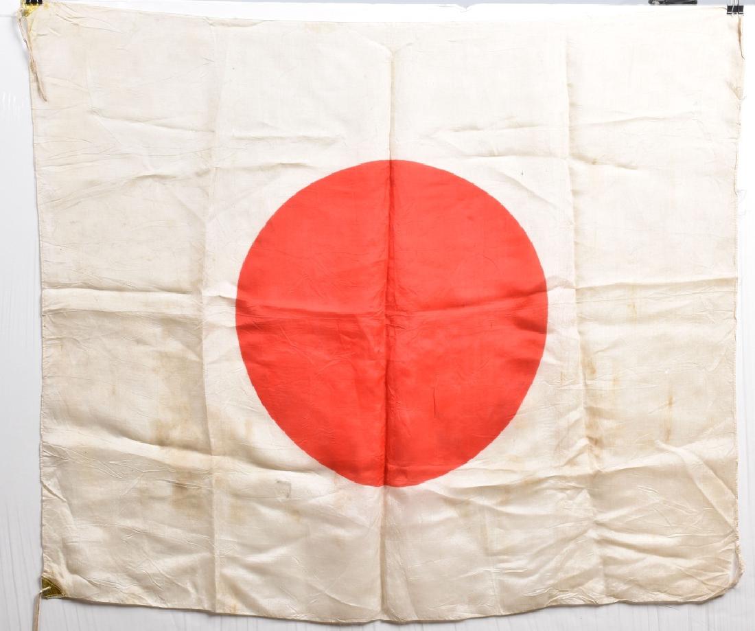 WW2 JAPANESE FLAG: Measures about 33" by 28", has light wear, soiling and a couple of small holes. Has correct paper corners. Displays well. Very Good