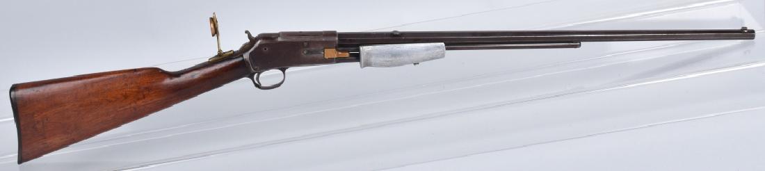 COLT LIGHTNING .22 PUMP RIFLE: MFG 1897, SN 28331, 24" barrel with fair to good bore. Has unusual brass Vernier tang site, and metal fore stock. Action works well, light wear, nice markings, and stock. Very Good