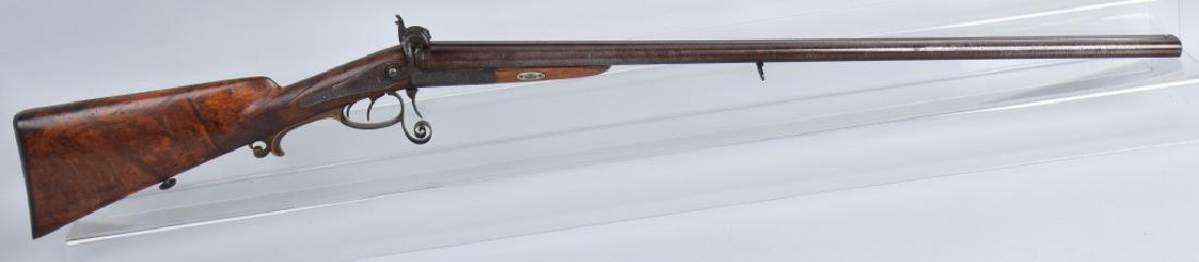 19th CENT. DELUXE CHRISTOPH FUNK PIN FIRE SHOTGUN: MFG 1850's-1870's, 30 3/4" Damascus 16 ga. side by side barrels. Inlaid in gold on top flat Christoph Funk in Suhl. Good bores and tight action. Locks, frame, barrel tang, trigger guard and butt plate