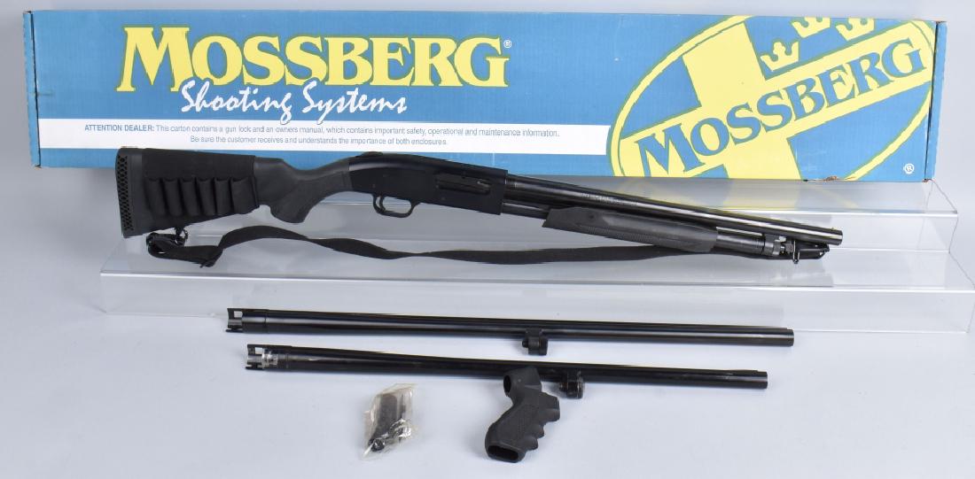 MOSSBERG 500, 12 GA. SHOTGUN, 3 BARRELS, BOXED: SN U272509, includes 3 barrels, 28", 24" and 18" all with excellent bores, has strong action, and includes pistol grip, sling and original box. Light wear. Excellent*