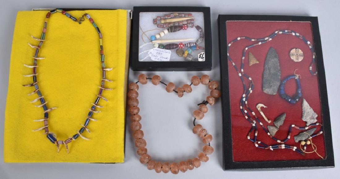 NATIVE AMERICAN BEADS, TRADE BEADS & MORE: Nice grouping of beads, bone tools and flint projectile points. Very Good