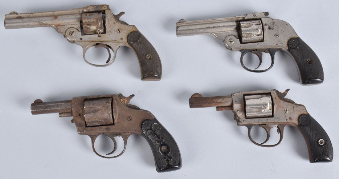 4-VINTAGE .22 and .32 REVOLVERS, H&R, and MORE: Lot includes New York Arms .32, SN 10003, H&R M1905, .32 SN 7912, Forehand Arms, .32, SN 15196, and H&R .22, SN13793. All 4 need mechanical attention, and cleaning. Good for parts or restoration. Good