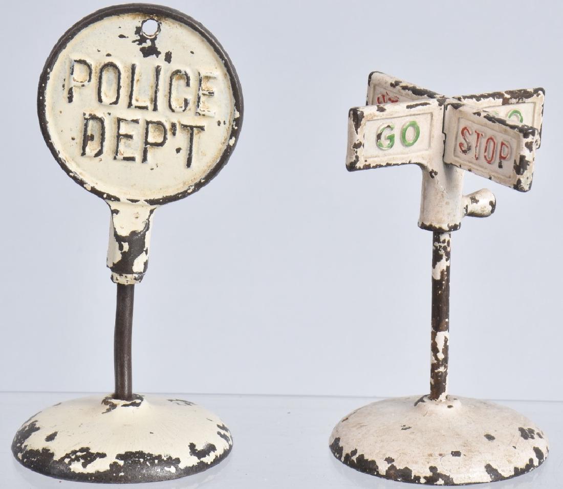 2- ARCADE CAST IRON ROAD SIGNS, STOP/GO & POLICE (1 of 2)