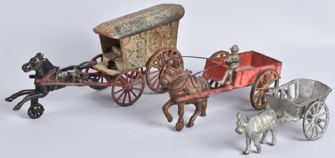 3-CAST IRON TOY ANIMAL DRAWN WAGONS (1 of 5)