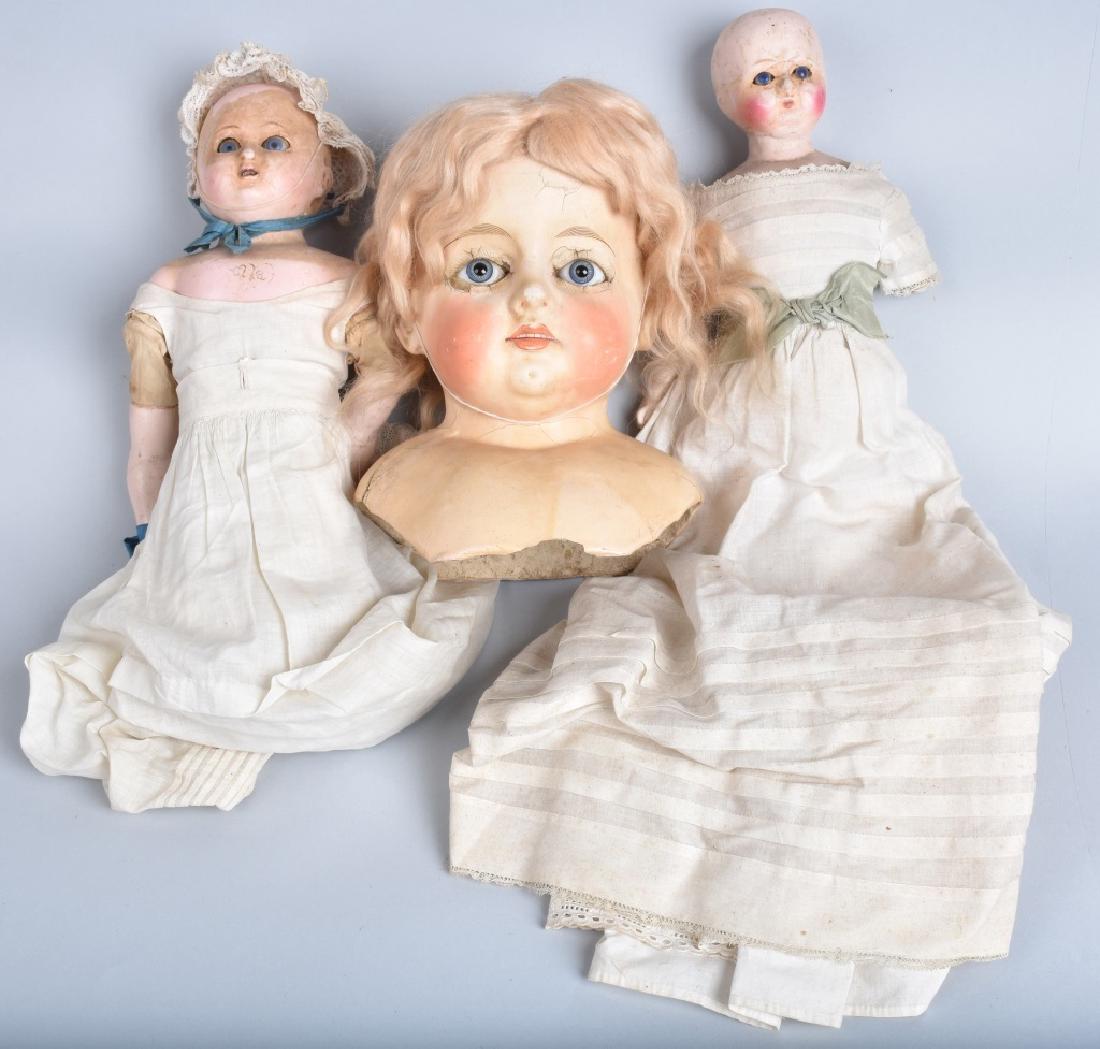 2-VINTAGE WAX DOLLS and LARGE PAPER MACHE HEAD (1 of 6)