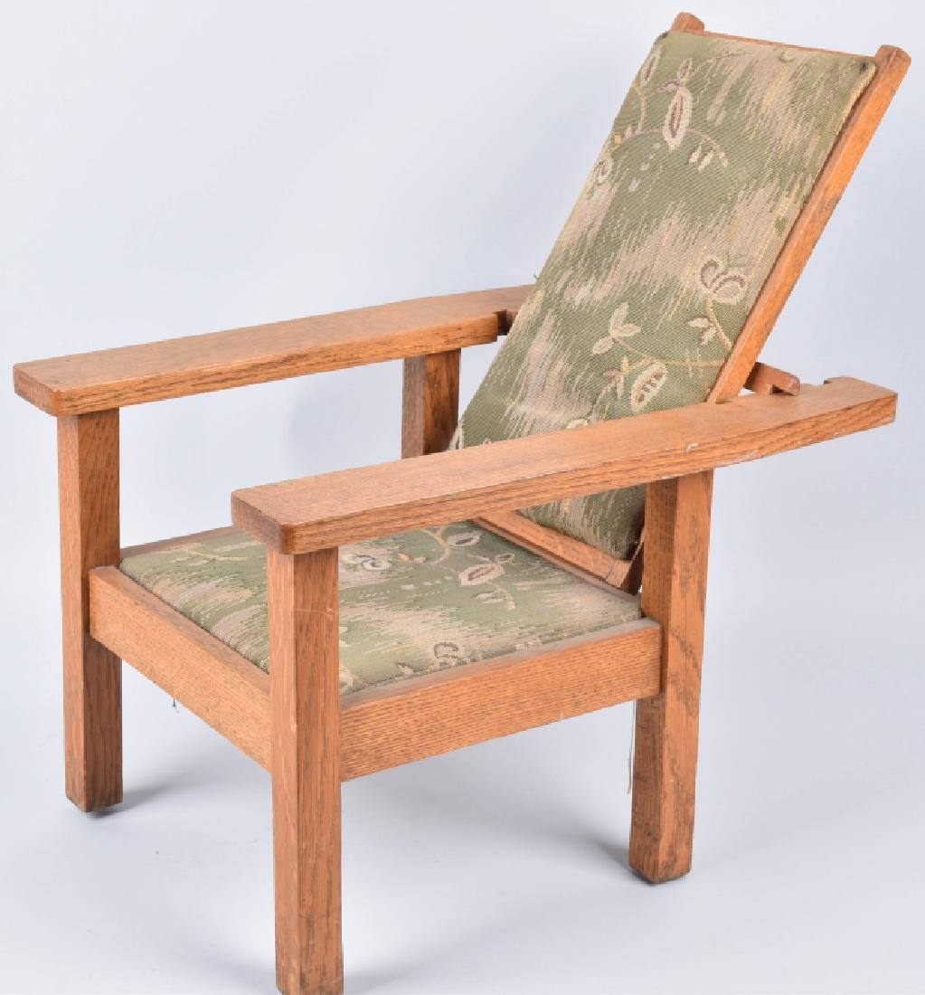 MISSION OAK CHILD'S CHAIR CHRISTMAS 1911: About 18" by 21" by 12 1/2". made in 1911 by James Kennedy as a Christmas present for a 3 year daughter. Nice condition and has adjustable seat bank. Presentation is written under the seat. General we