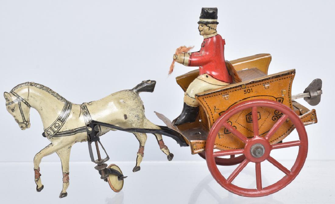 G&K TIN WINDUP HORSE & CARRIAGE: All original with nice design. Works. 7" Excellent
