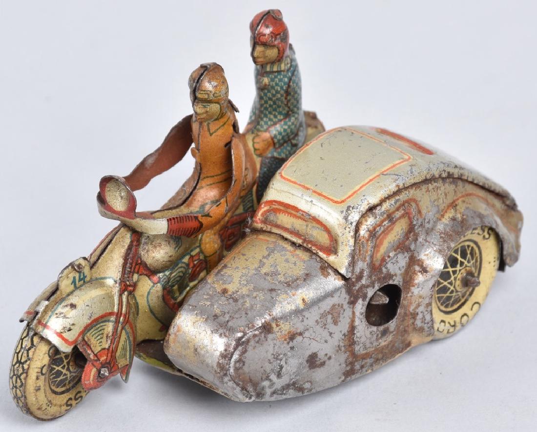 GERMAN TIN WINDUP MOTORCYCLE w/ SIDECAR (1 of 5)