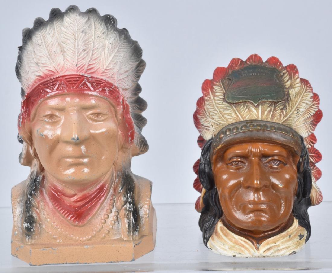2- DIECAST INDIAN SOUVENIR BANKS: Nice pair of diecast Indian Bust Banks. One from Pikes Peak other Lake Wallenpaupack. Excellent